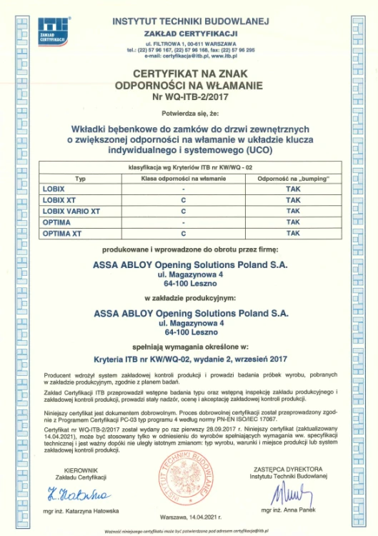 Optima XT certyfikat ITB.png